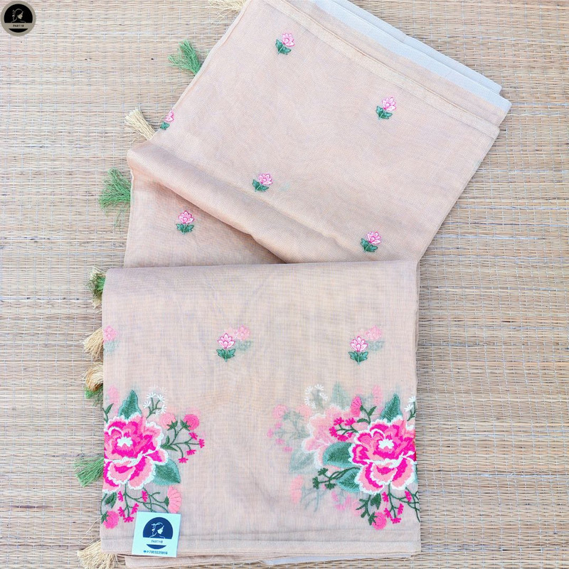 Peach Colour Saree with Embroidery Work,  Unstitched Blouse Piece, Perfect For Summer, Daily Wear Saree