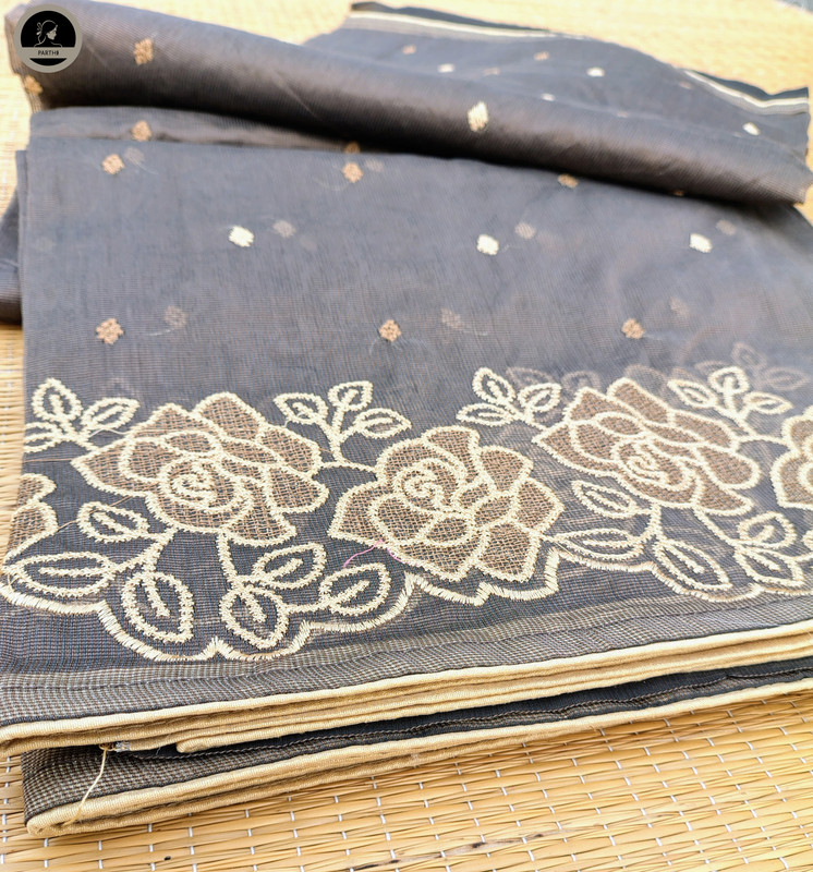 Charcoal Grey Embroidery  Saree with Floral Motif - Super Net Kota Saree with Blouse Piece For Women