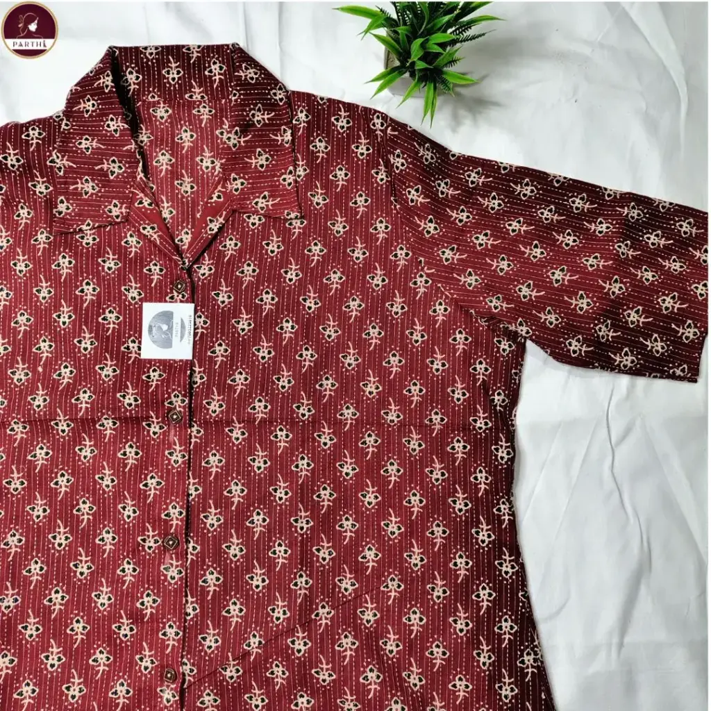 Maroon Kantha Stitch Block Print Cotton Shirt for Women – Handcrafted Ethnic Casual & Office Wear (Free Size)