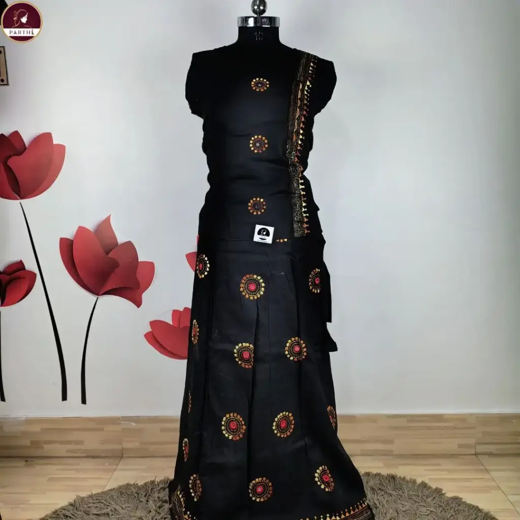 Black Cotton Kantha Stitch Mirror Work Co-ord Set for Women (Top & Wrapper Skirt, With Sleeves Attached)