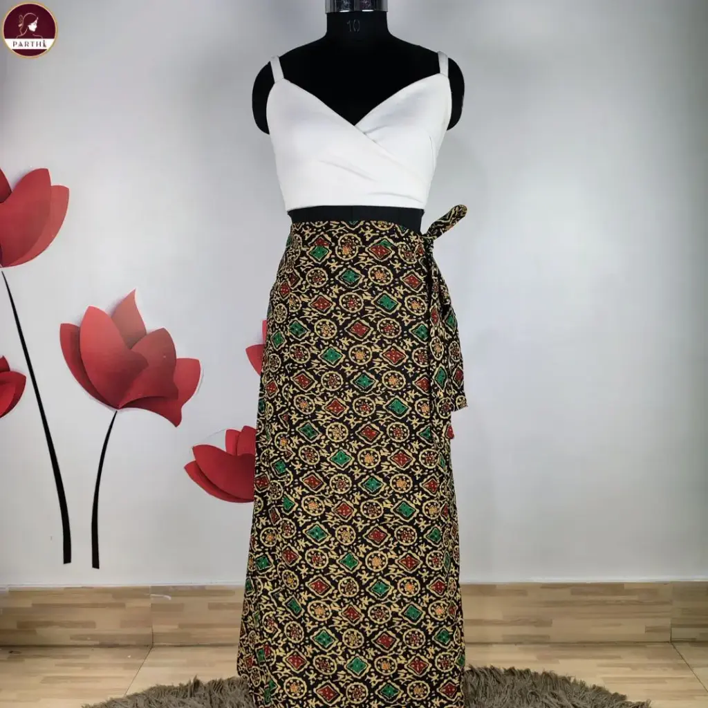 Black Pure Cotton Abstract Printed Long Wrap Skirt for Women- Adjustable Tie Up Waist