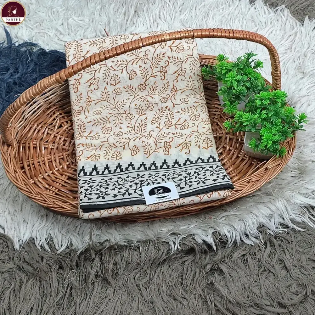 Elegant Pure Cotton Block Print Saree – Off-White with Floral and Black Border