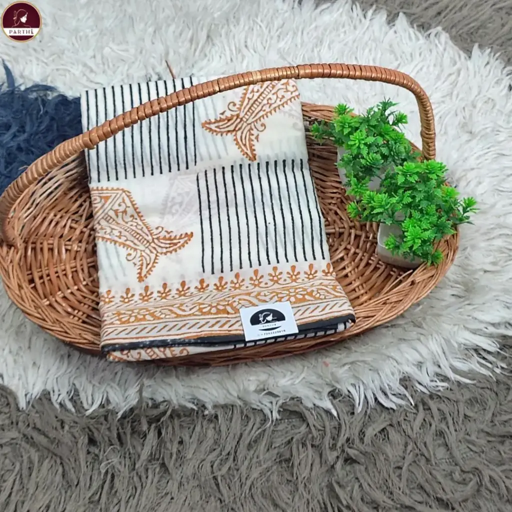Pure Cotton Hand Block Print Saree – Geometric & Paisley Motif with Black and Rust Border
