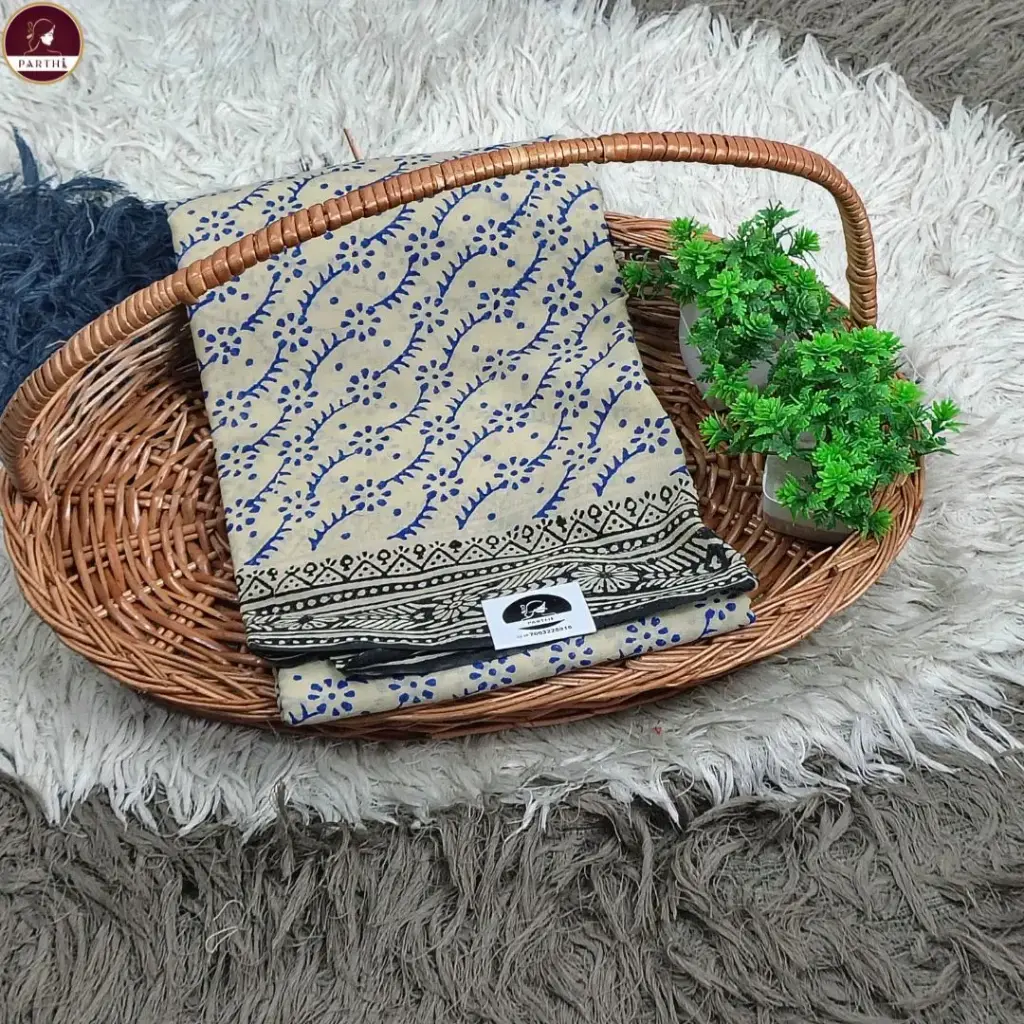 Pure Cotton Hand Block Print Saree – Blue Floral Vine Motif with Black Border 