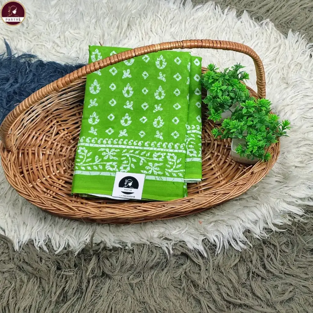 Pure Cotton Hand Block Print Saree – Parrot Green Floral Motif with White Designer Border 