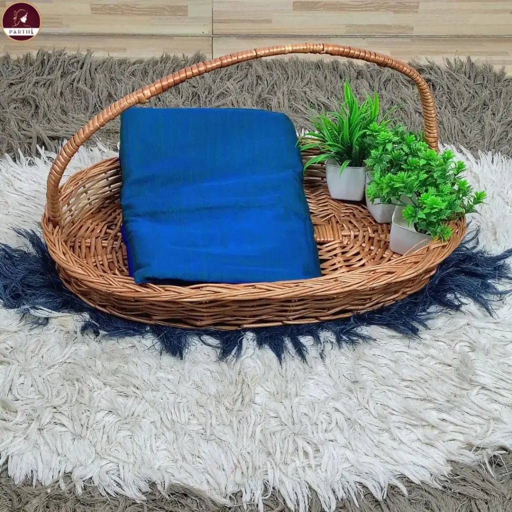 Sea Green & Blue Dual-Tone Cotton Blend Saree with Royal Blue Pallu & Copper Zari Border With Attached Blouse Piece