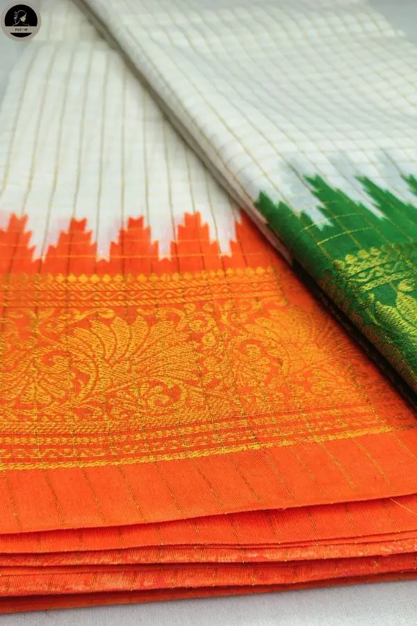 Pure Cotton White Ghatchula Saree with Green-Orange Ganga-Jamuna Borders With Zari Work For Women – Durga Puja Special 