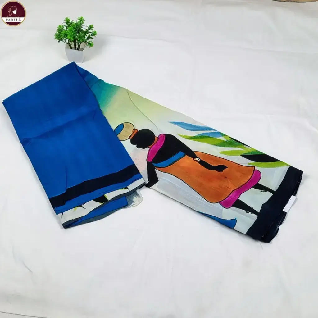Murshidabad Hand Painted Blue Pure Silk Saree For Women – Artistic Lady Face & Contemporary Motif | Silk Mark Certified