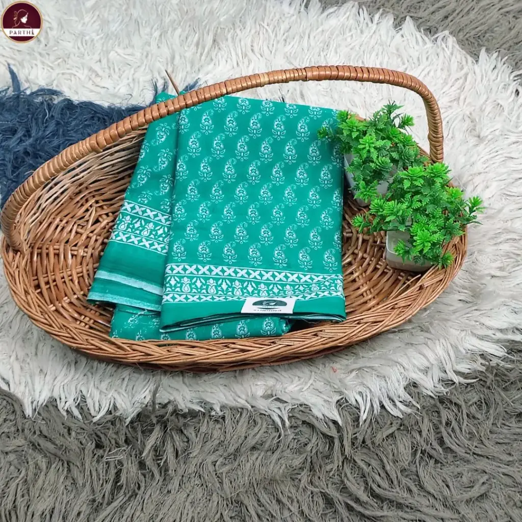 Pure Cotton Hand Block Print Saree – Teal Green Paisley Motif with Designer Border 