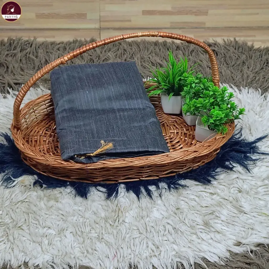 Ash Grey Cotton Blend Saree with Royal Blue Pallu & Copper Border With Attached Blouse Piece