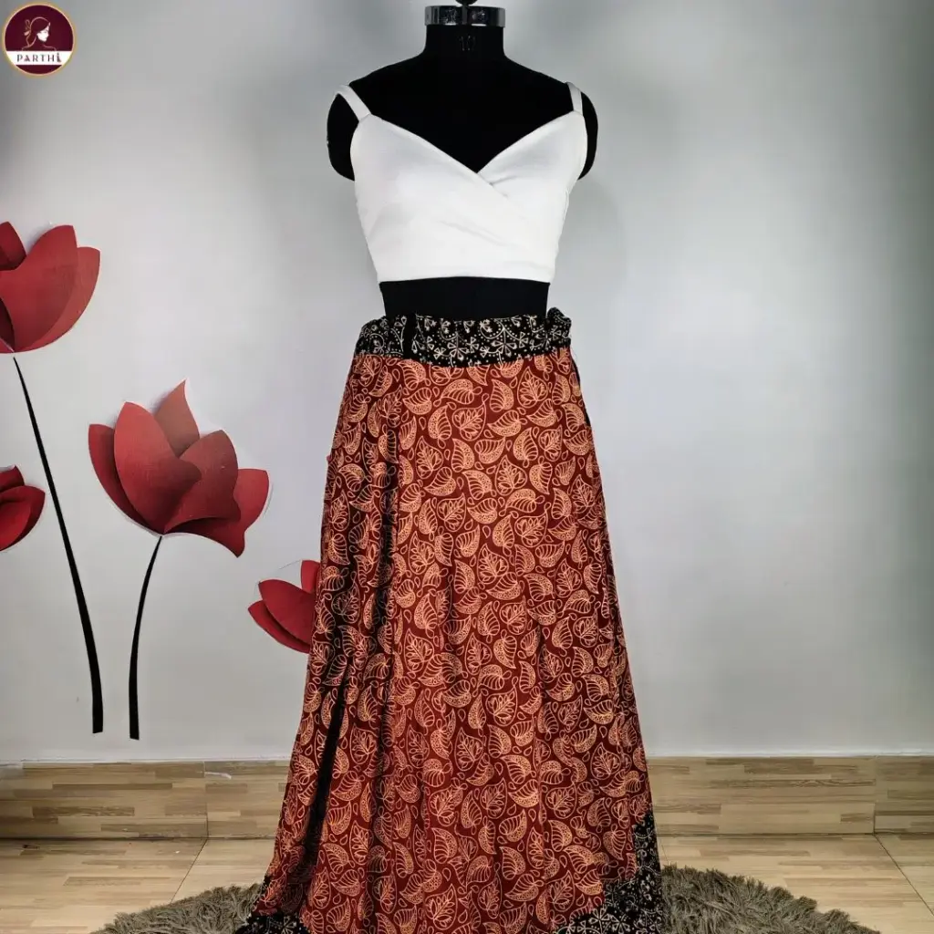 Rust Red Ajrakh Print Pure Cotton Long Flared Skirt for Women – Full Length 45 Inch