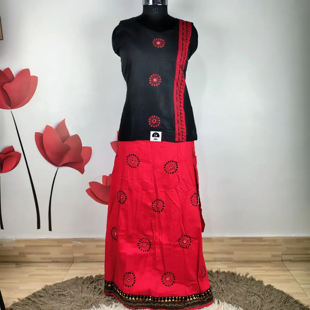 Black & Red Cotton Kantha Stitch Mirror Work Co-ord Set for Women (Top & Wrapper Skirt, With Sleeves Attached)