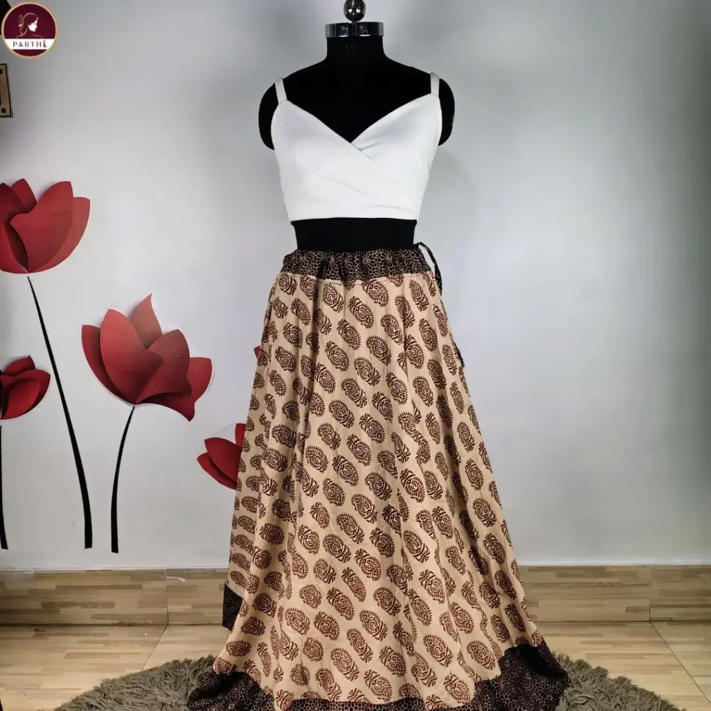 Beige Ajrakh Print Pure Cotton Long Skirt for Women – 45 Inch Full Length, Tie-Up Waist