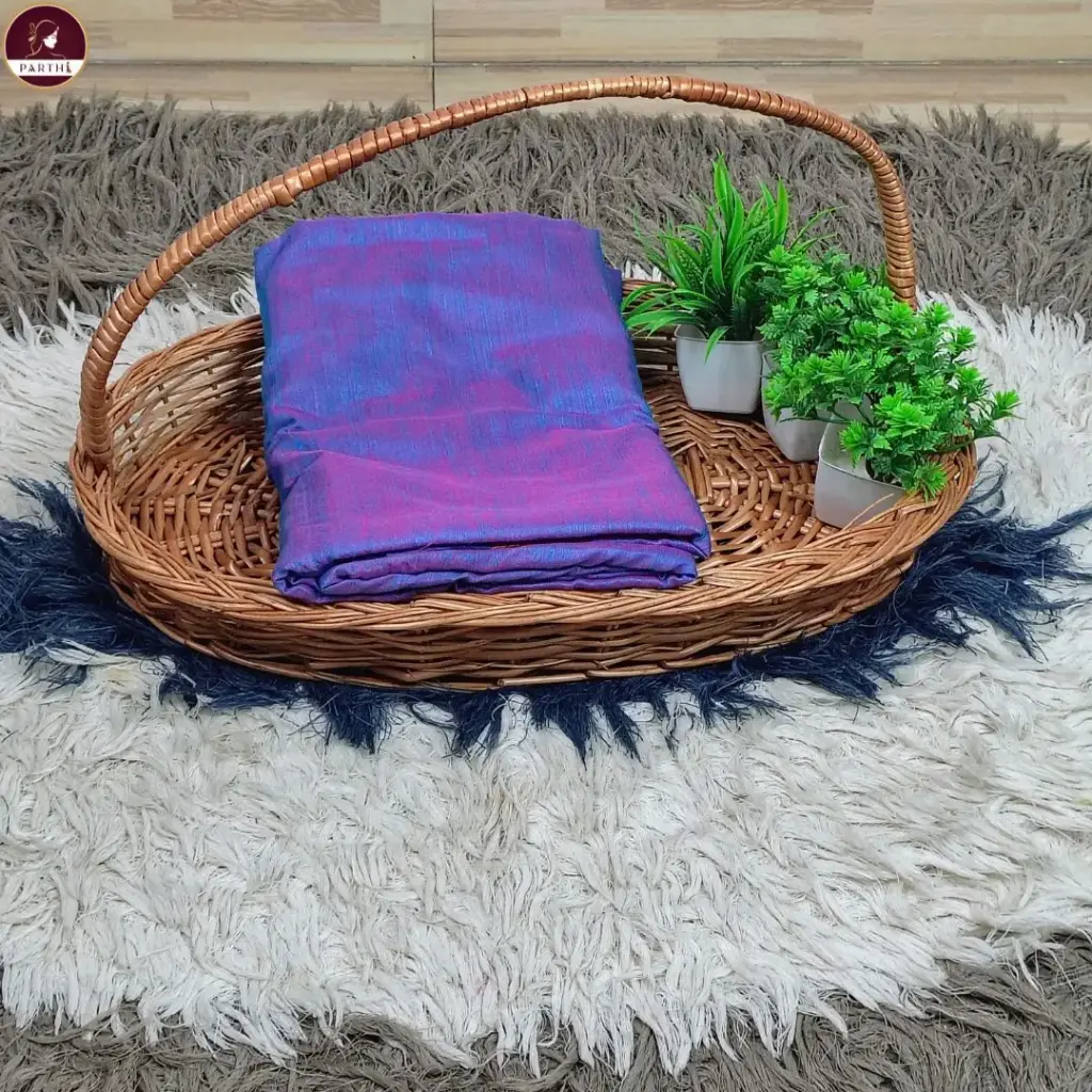 Blue & Pink Dual-Tone Cotton Blend Saree with Pink Pallu & Copper Zari Border with Attached Blouse Piece