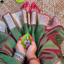Tissue Silk Saree, Green Colour Body with Golden Zari Border for Ocassional Wear, Unstitched Blouse