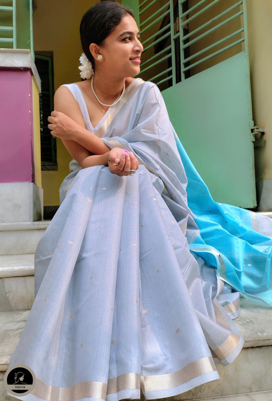 Ash Maheswari Saree With Thin Zari Border, Full Body Buta Work with Contrast Blue Unstitched Blouse Piece