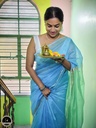 Blue Maheswari Saree With Thin Zari Border, Full Body Buta Work with Contrast Green Unstitched Blouse Piece