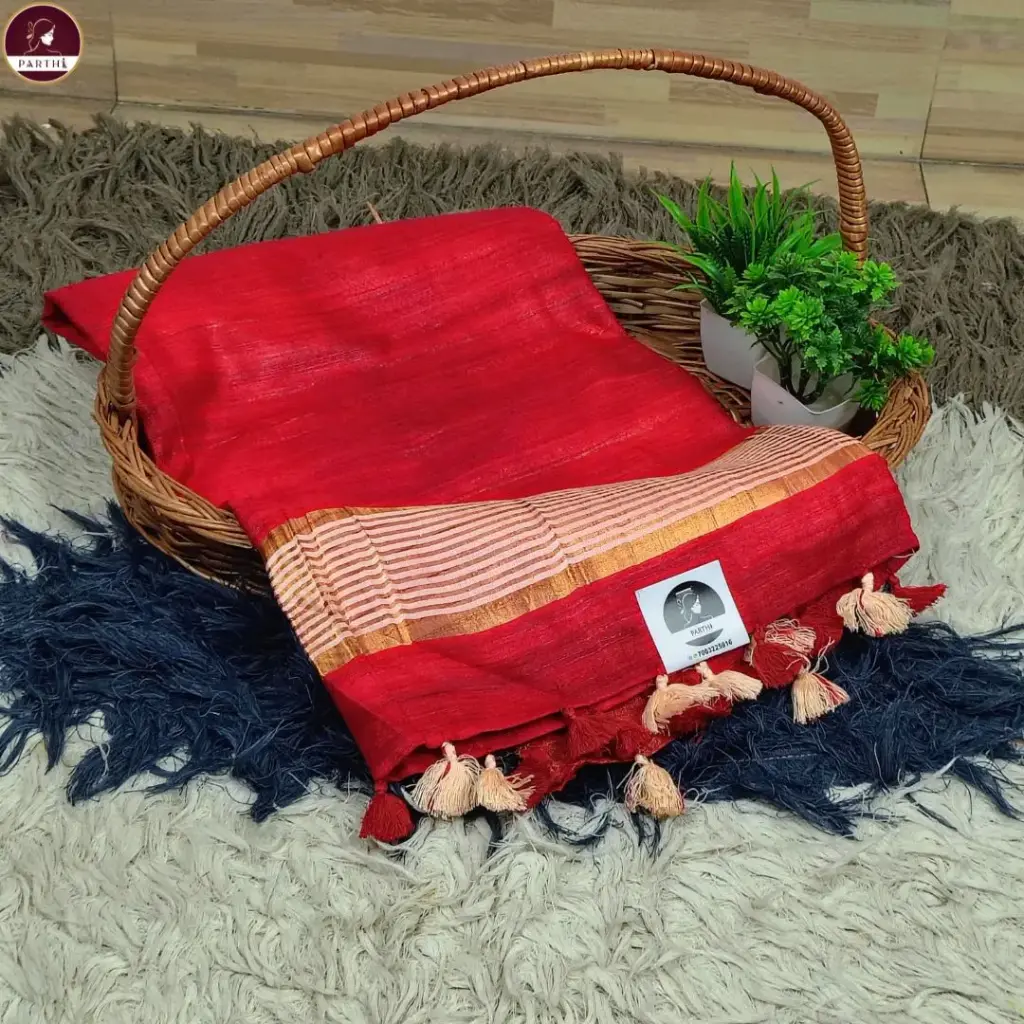 Handwoven Cream Color Bapta Silk Saree with Red Ghicha Pallu & Soft Copper Zari Border – Elegant Light Body Weave