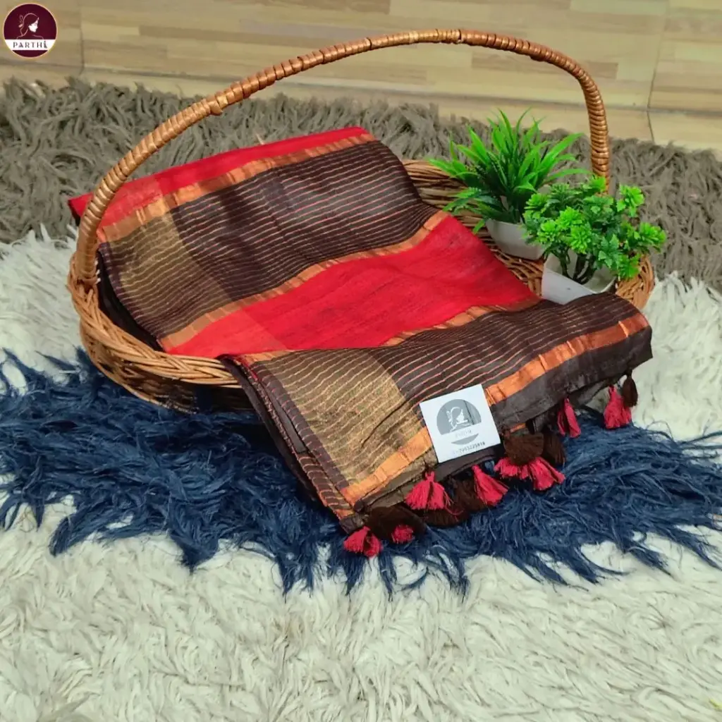 Handwoven Charcoal Body Bapta Silk Saree with Chocolate Ghicha Pallu & Soft Copper Zari Border – Elegant Light Body Weave