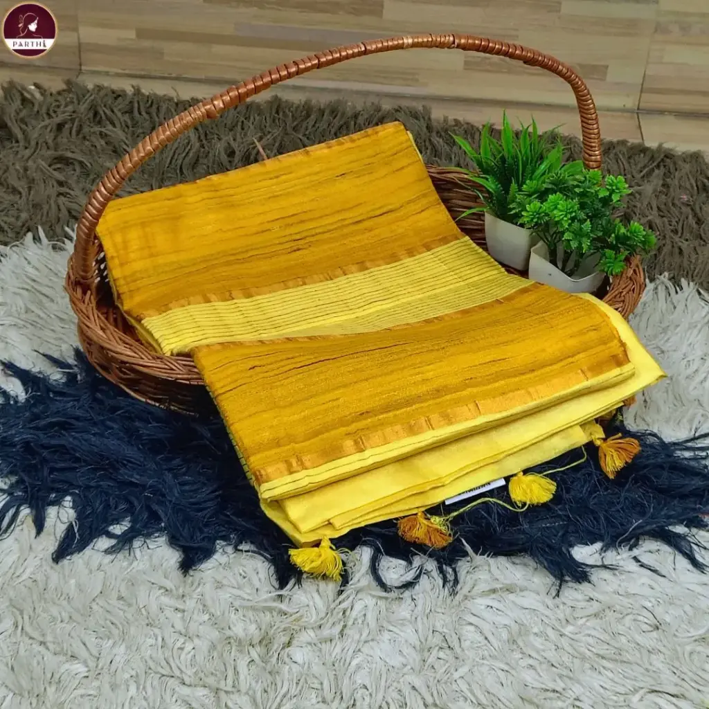 Handwoven Bright Sunshine Yellow Body Bapta Silk Saree with Golden Yellow Ghicha Pallu & Soft Copper Zari Border – Elegant Light Body Weave