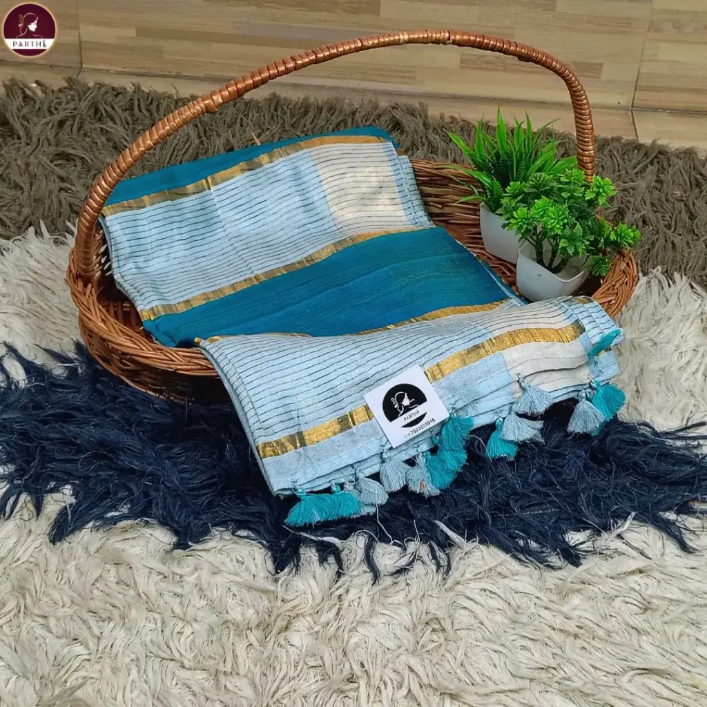 Handwoven Soft Pastle Sky Blue Body Bapta Silk Saree with Teal Blue Ghicha Pallu & Soft Copper Zari Border – Elegant Light Body Weave