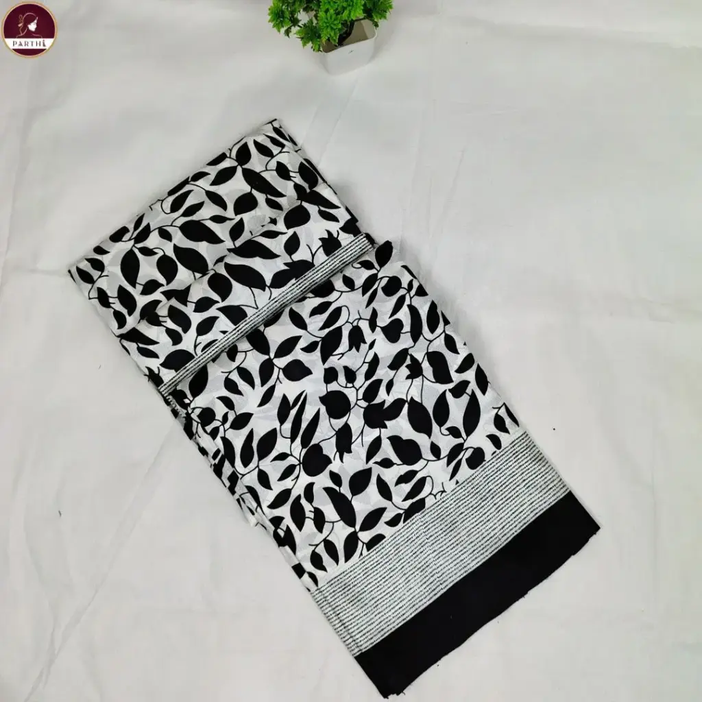 Replica Silk Black & White Leaf Pattern Saree For Women – Elegant Botanical Drapes 