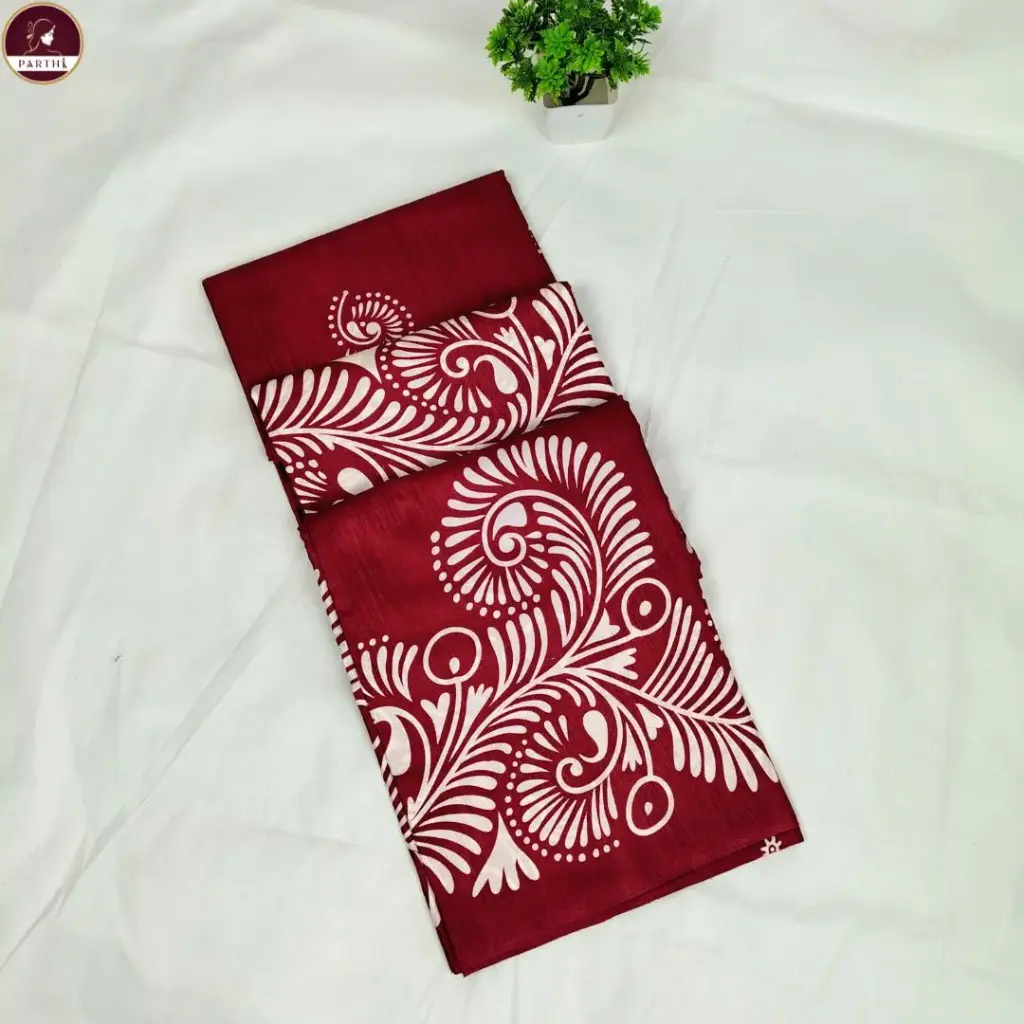 Replica Silk Maroon & White Botanical Print Saree  For Women– Elegant Ethnic Drapes with Comfort 
