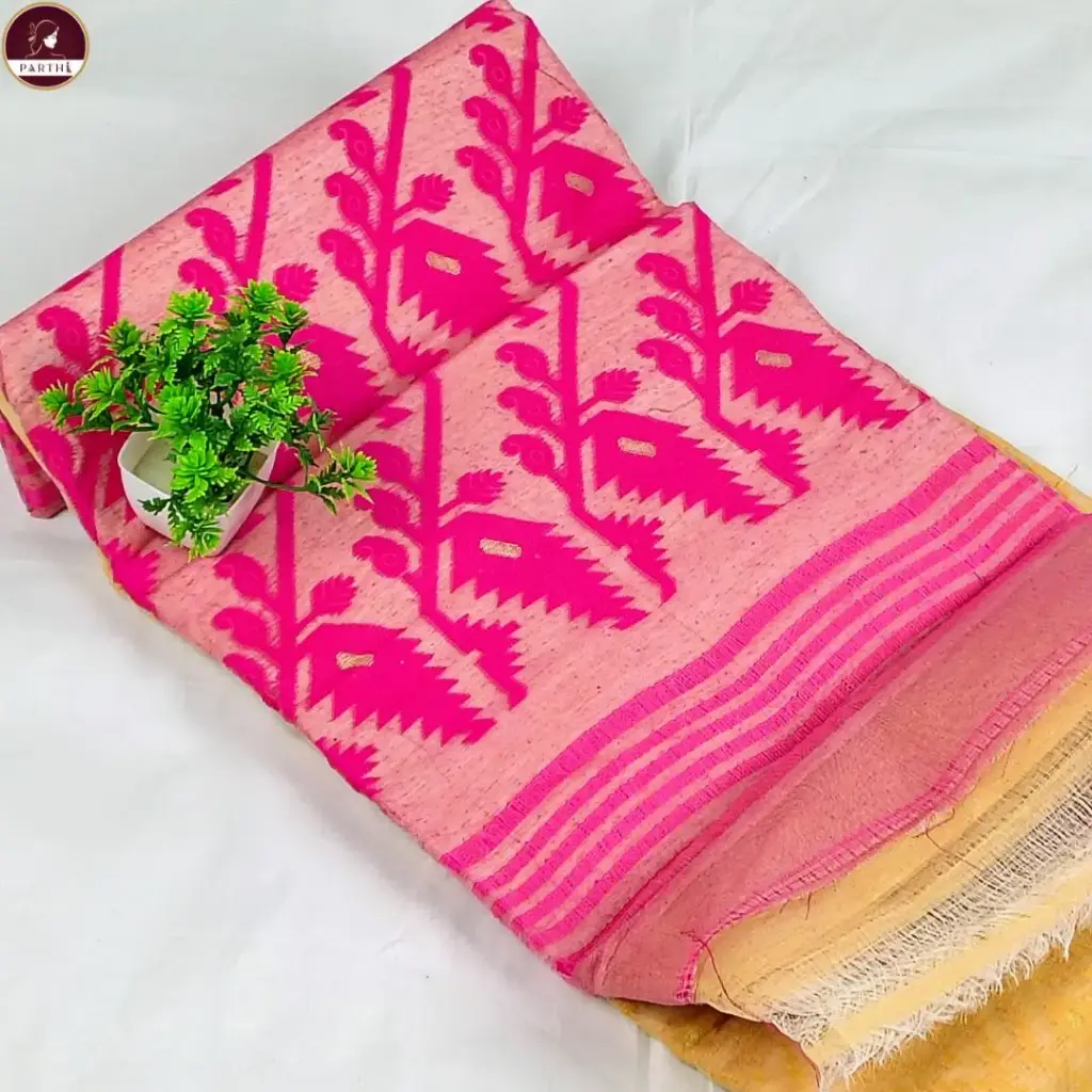 Premium Dhakai Jamdani Saree with Blouse Piece – Beige Body with Pink Border | Handwoven Traditional Saree