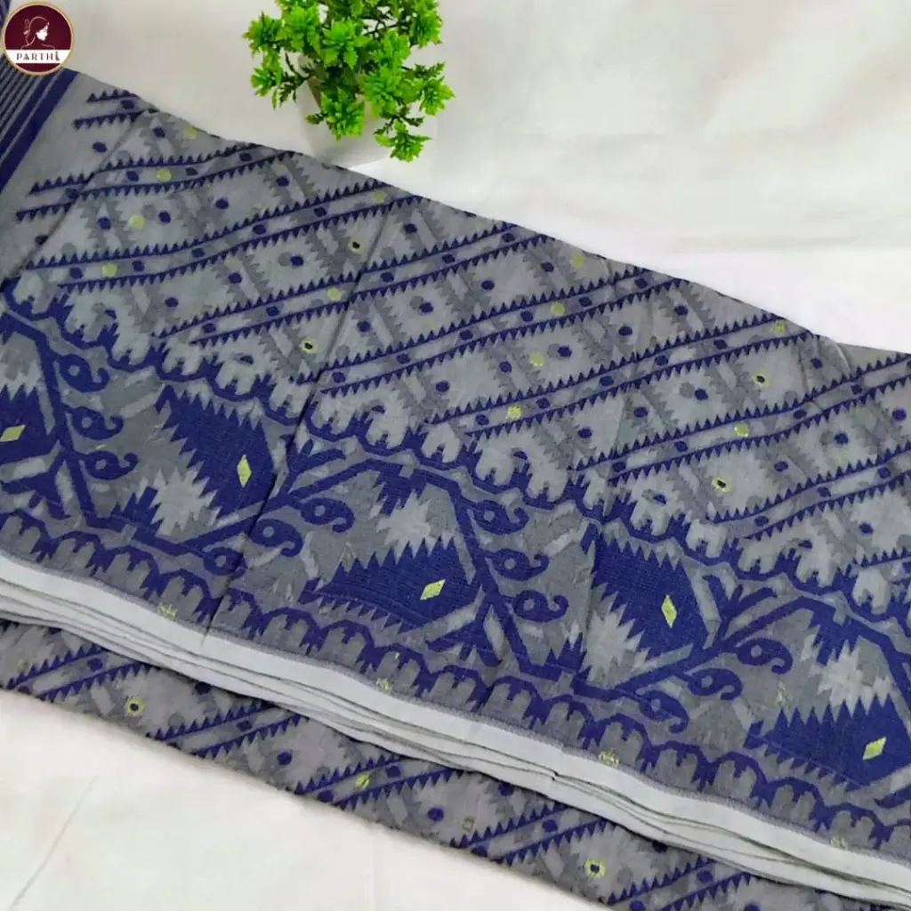 Premium Dhakai Jamdani Saree with Blouse Piece – Grey Body with Blue Border | Handwoven Traditional Saree