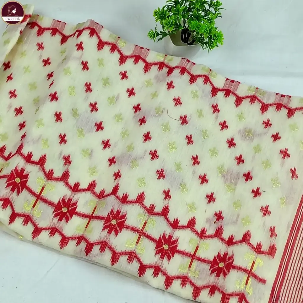 Premium Dhakai Jamdani Saree with Blouse Piece – Cream Body with Red Border | Handwoven Traditional Saree