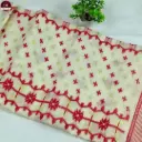 Premium Dhakai Jamdani Saree with Blouse Piece – Cream Body with Red Border | Handwoven Traditional Saree