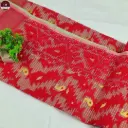 Premium Dhakai Jamdani Saree with Blouse Piece – Green Body with Red Border | Handwoven Traditional Saree