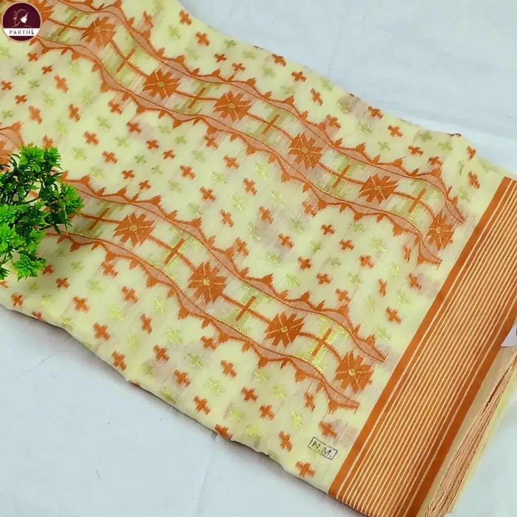 Premium Dhakai Jamdani Saree with Blouse Piece – Cream Body with Beige Border | Handwoven Traditional Saree