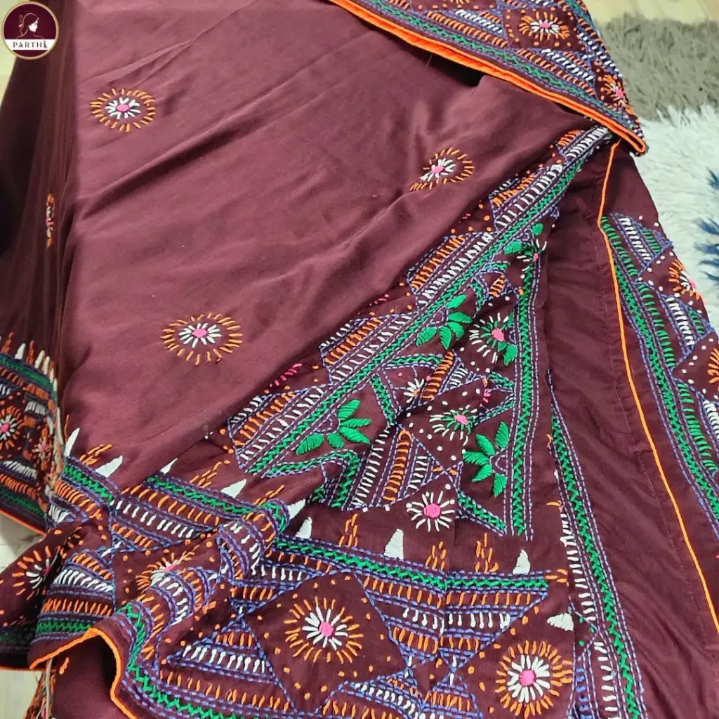 Maroon Hand-Embroidered Bangalore Silk Saree with Blouse Piece | Colorful Thread Work Party & Festive Wear Saree by Parthi