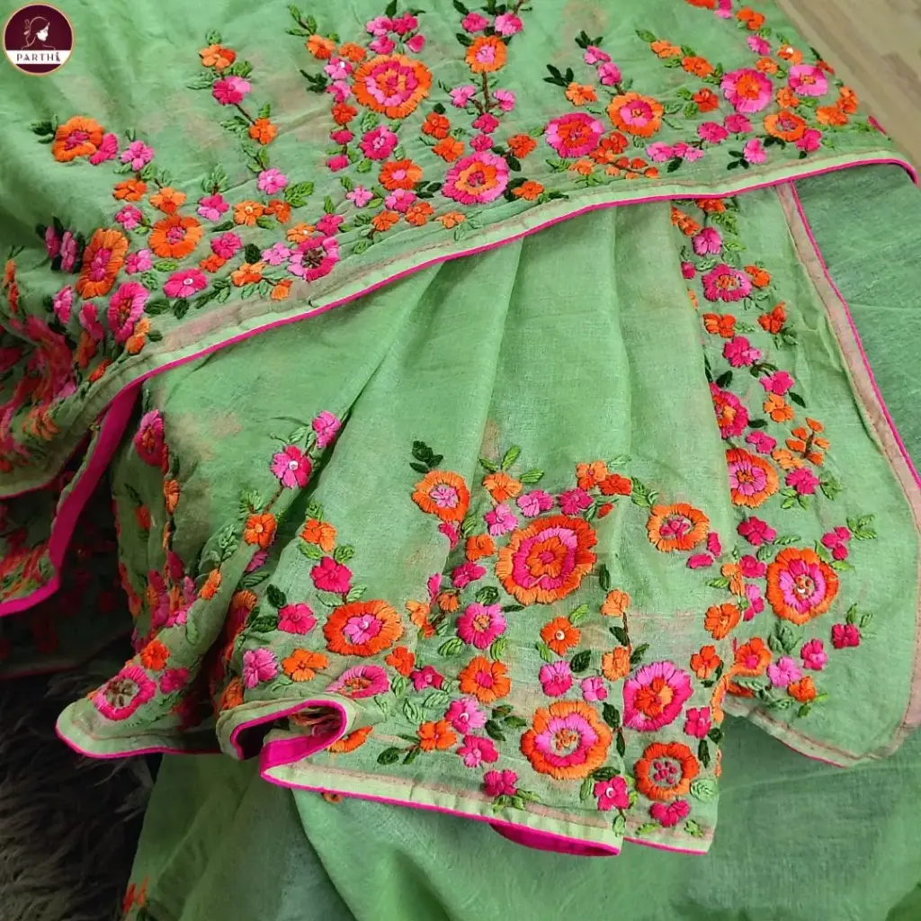 Leaf Green Handcrafted Embroidered Saree with Blouse Piece – Herringbone Stitch Border & Pallu | Elegant Daily & Festive Wear Saree by Parthi