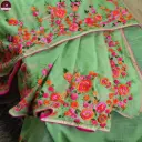 Leaf Green Handcrafted Embroidered Saree with Blouse Piece – Herringbone Stitch Border & Pallu | Elegant Daily & Festive Wear Saree by Parthi