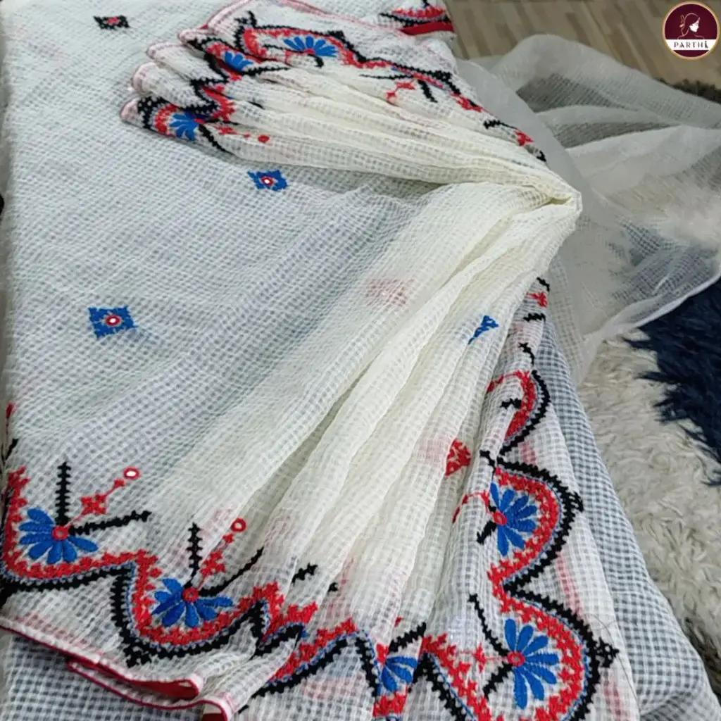 White Premium Kota Cotton Saree with Gujarati Handwork Border & Embroidered Blouse Piece | Lightweight Summer Saree by Parthi