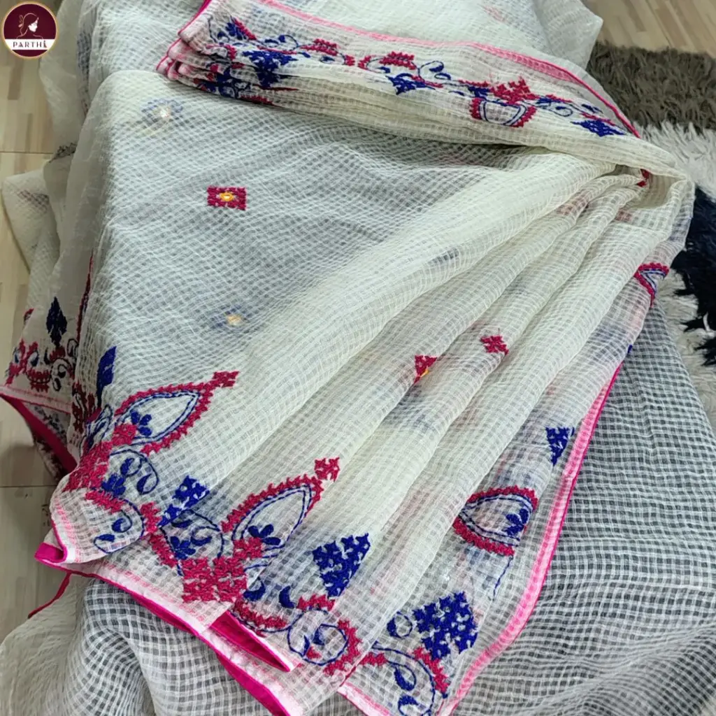 White Premium Kota Cotton Saree with Small Mirror Work & Simple Embroidered Border | Lightweight Summer Saree with Blouse Piece by Parthi