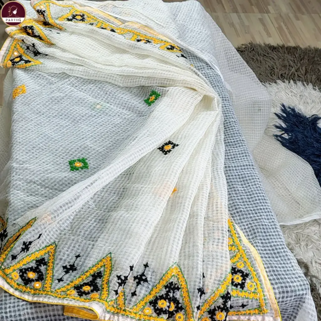 White Premium Kota Cotton Saree with Yellow & Black Gujarati Handwork Border and Mirror Work | Elegant Summer Saree with Blouse Piece by Parthi