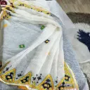 White Premium Kota Cotton Saree with Yellow & Black Gujarati Handwork Border and Mirror Work | Elegant Summer Saree with Blouse Piece by Parthi