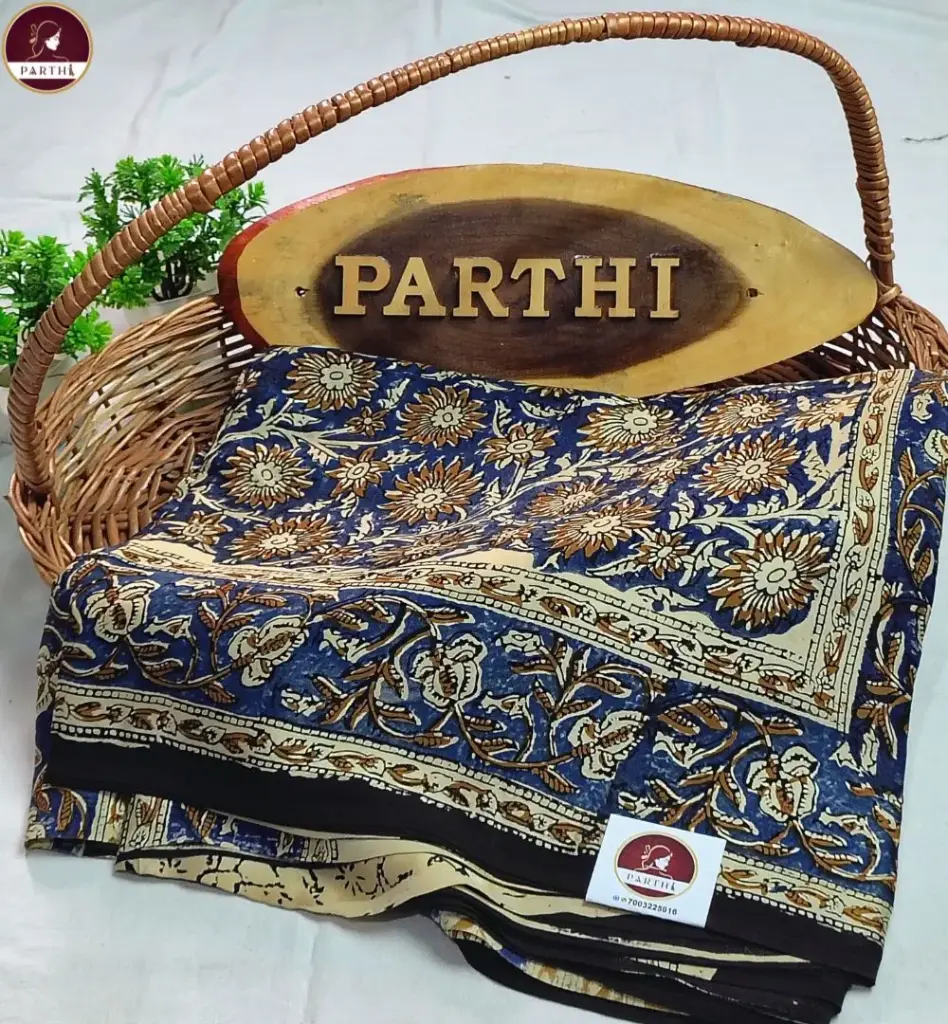 Kalamkari Modal Silk Saree with Blouse Piece – Blue-Brown, Vegetable Dyed