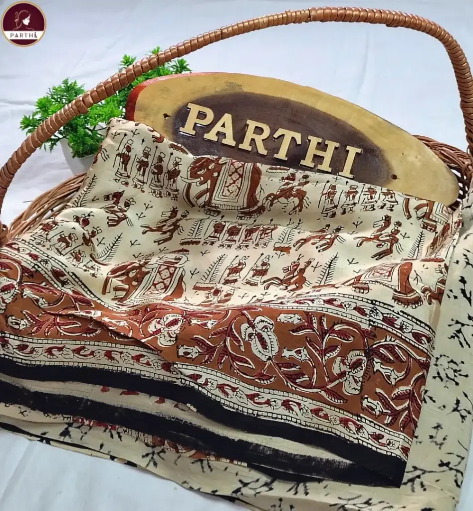 Kalamkari Modal Silk Saree with Blouse Piece – Cream-brown, Vegetable Dyed