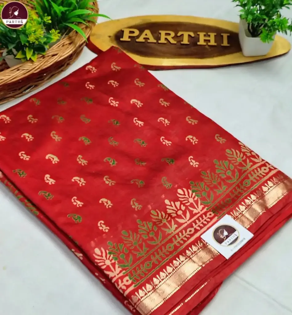 Red Bapta Silk Saree with Block Print & Attached Blouse Piece | Premium Handcrafted Ethnic Saree