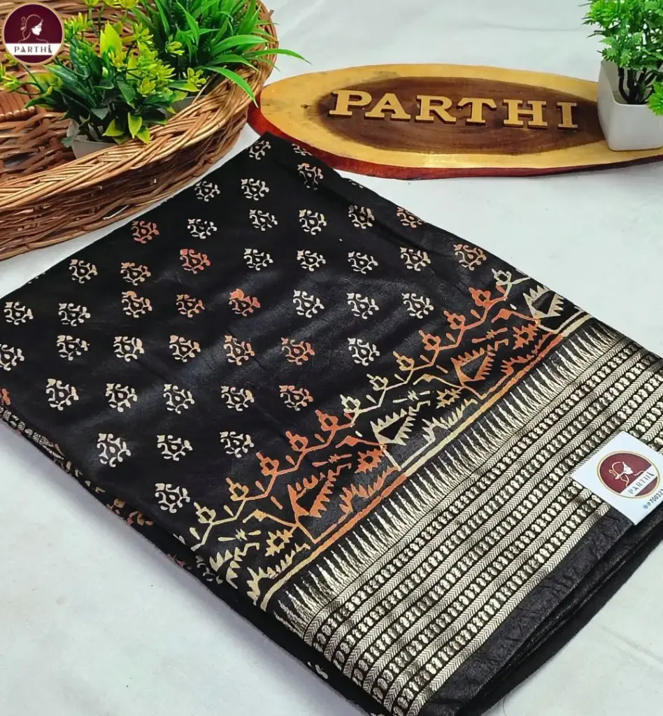 Black Bapta Silk Saree with Block Print & Attached Blouse Piece | Premium Handcrafted Ethnic Saree
