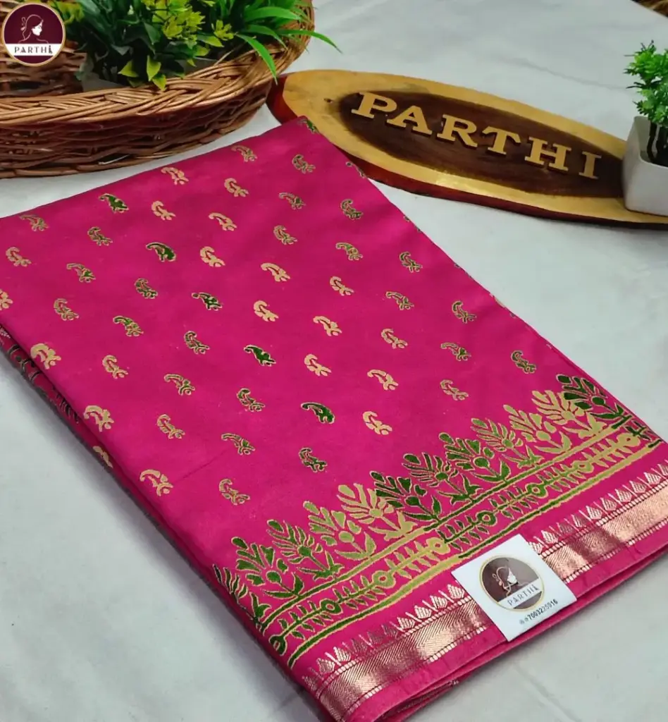 Pink Bapta Silk Saree with Block Print & Attached Blouse Piece | Premium Handcrafted Ethnic Saree