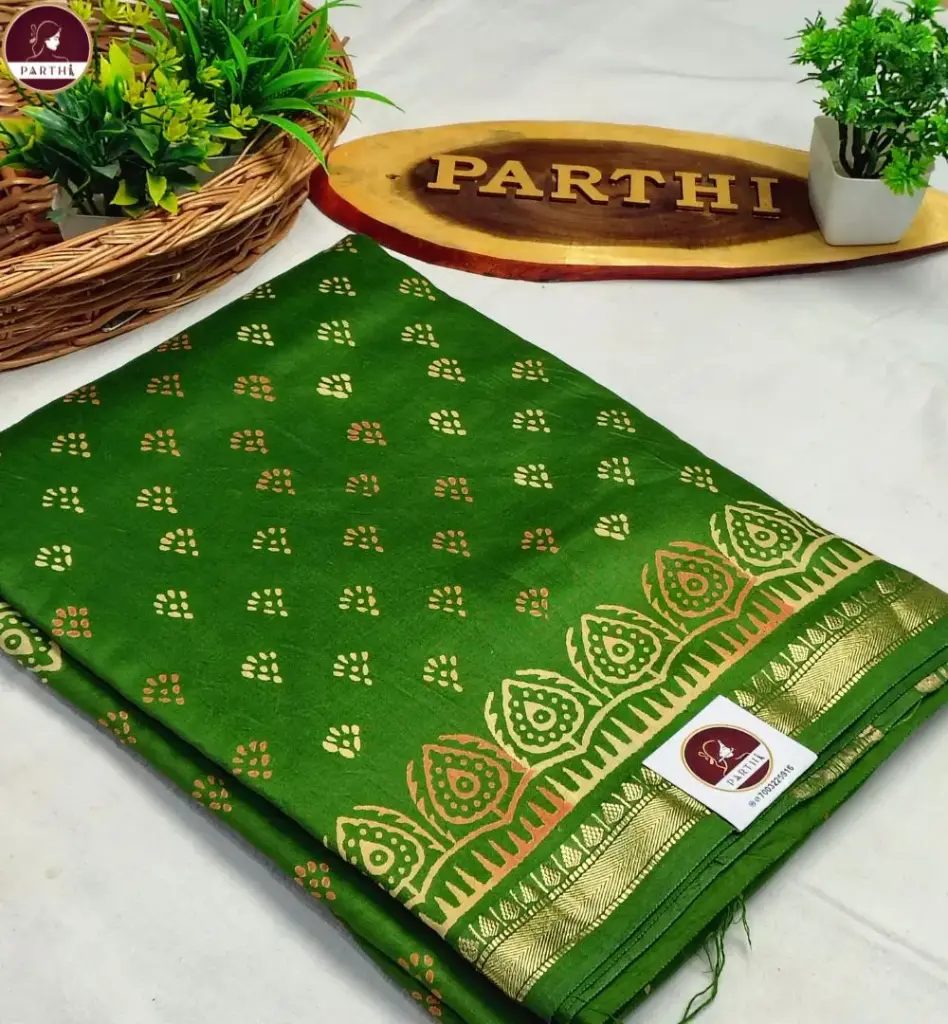 Green Bapta Silk Saree with Block Print & Attached Blouse Piece | Premium Handcrafted Ethnic Saree
