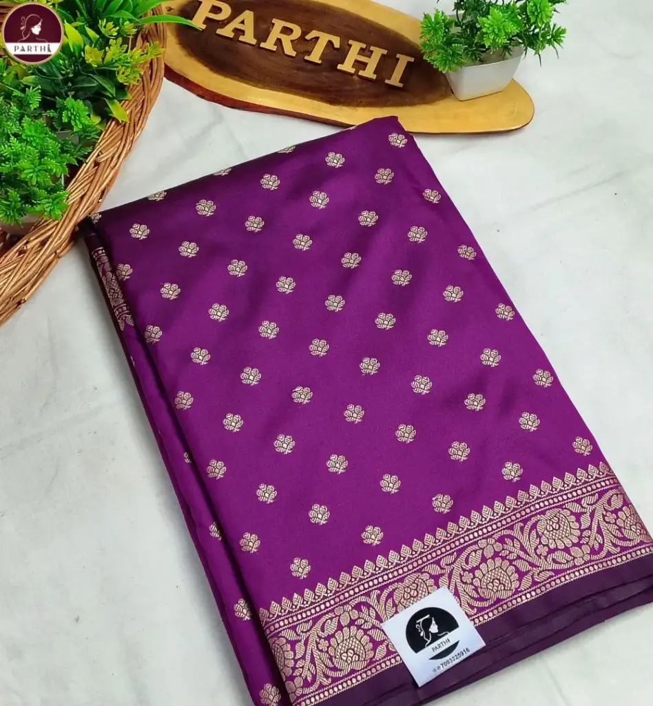 Purple Resham Katan Silk Saree with All Over Resham Thread Work & Attached Blouse Piece | Premium Handwoven Ethnic Saree