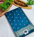 Blue Resham Katan Silk Saree with All Over Resham Thread Work & Attached Blouse Piece | Premium Handwoven Ethnic Saree