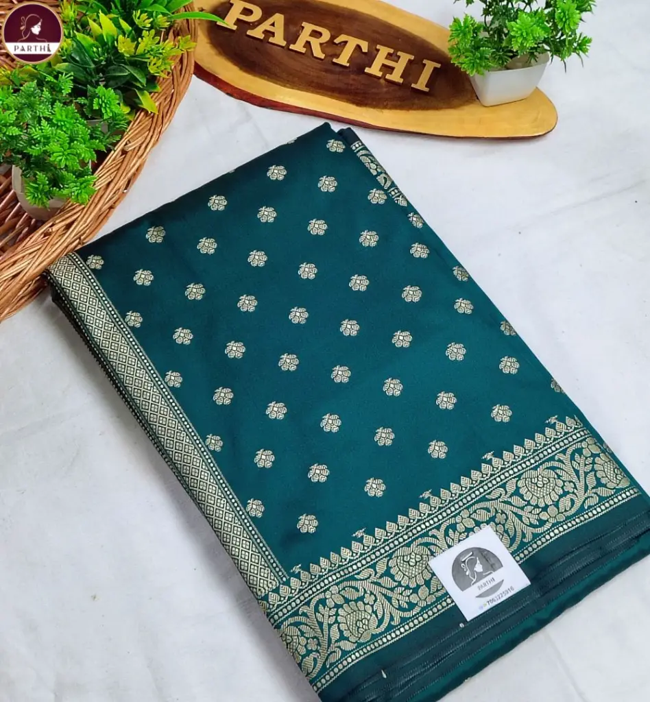 Green Resham Katan Silk Saree with All Over Resham Thread Work & Attached Blouse Piece | Premium Handwoven Ethnic Saree