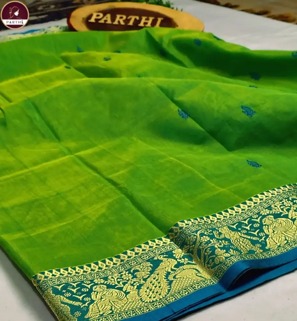 Vibrant Green Dual Tone Kanchipuram Silk Saree with Zari Border & Baluchari Motif | Blouse Piece Attached